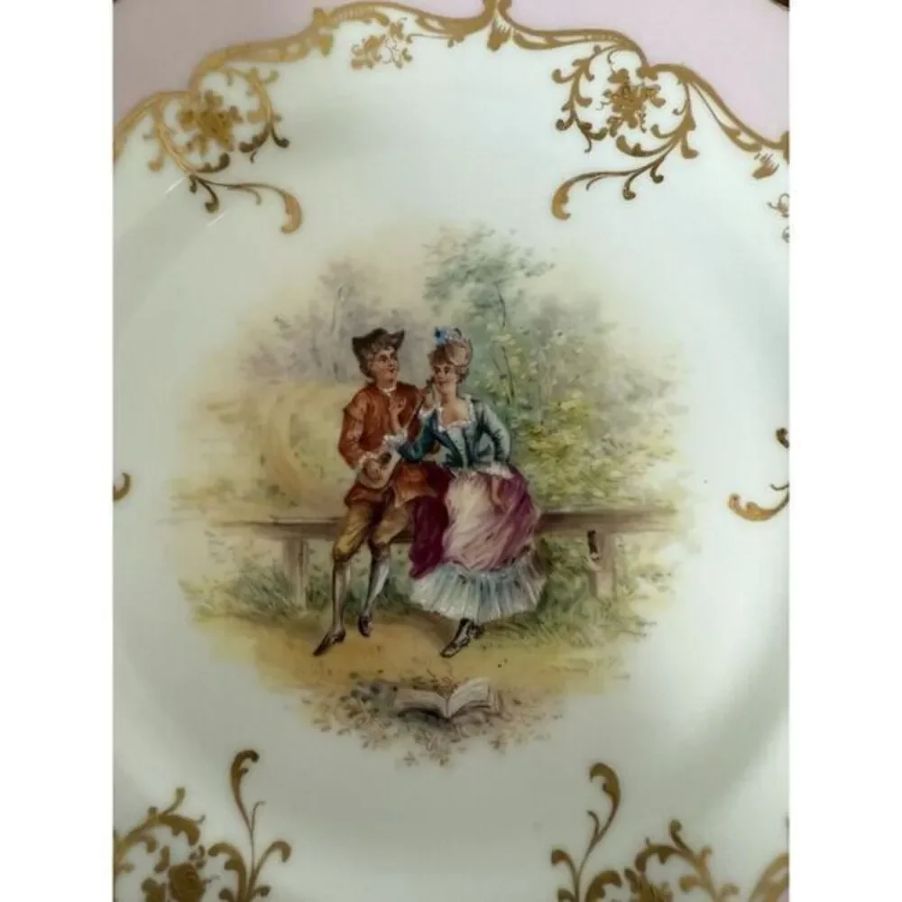 Dresden AMBROSIUS LAMM Antique Hand Painted Plate Courting Couple‎ Gold Guilded